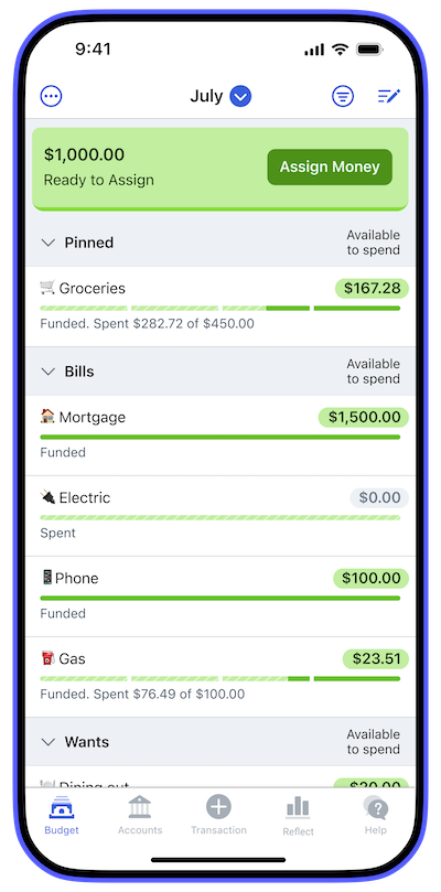 YNAB budget screen on iPhone