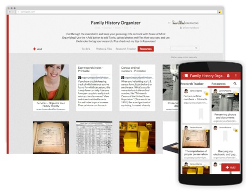 The Family History Organizer Springpad notebook makes keeping track of genealogy a little easier
